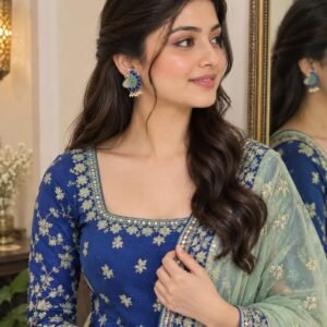 Model wearing handcrafted silver peacock stud earrings paired with an embroidered royal blue ethnic suit.