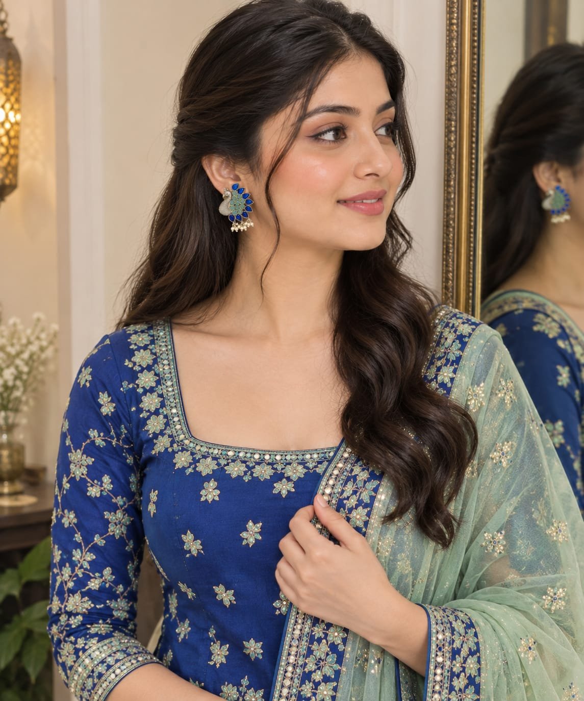 peacock shaped silver stud earrings with green & blue stone & pearls model 1 Model wearing handcrafted silver peacock stud earrings paired with an embroidered royal blue ethnic suit.