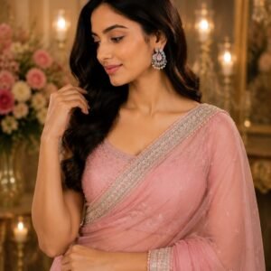 Model wearing peacock silver stud earrings with pink stones and pearl drops, paired with a dusty pink embroidered net saree.