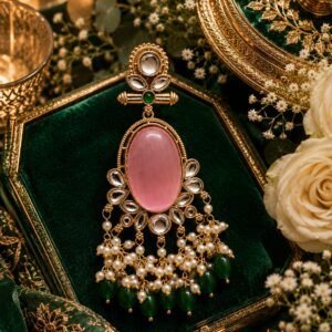 Golden dangler earring with large Pink oval stone, kundan stones, white pearls and green hanging beads