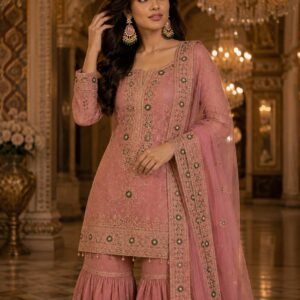 Model in pink embroidered gharara suit styled with Sahiba Fashion kundan pearl dangler earrings