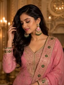 Model wearing Sahiba Fashion pink oval stone kundan dangler earrings with pink traditional wear.