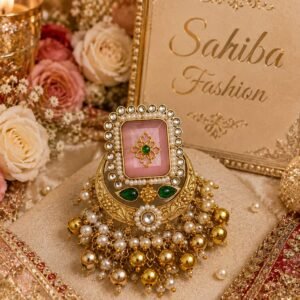 Pink stone golden Chandbaliya earrings with pearl border, intricate design and hanging gold beads