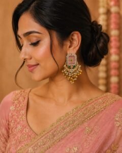 Ganesh Chaturthi Style Guide: Best Earrings, Auspicious Colors & Sacred Traditions pink stone golden chandbaliya earrings traditional ethnic jewellery model 3