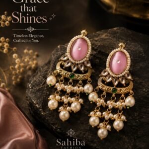New Arrivals Pink stone golden earrings with pearl border, green stone and hanging pearl beads