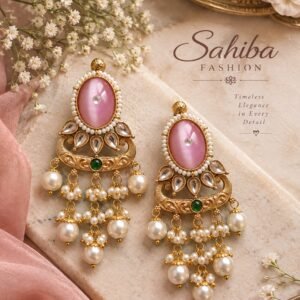 Sahiba Fashion oval pink stone gold chandelier earrings with kundan and pearl drops mockup