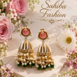 Pink stone pearl jhumka earrings with golden detailing and red bead drops