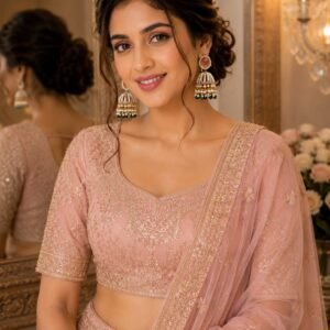 Indian bride wearing pink stone pearl jhumka earrings with dark green beaded drops.