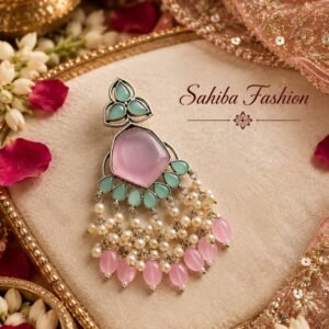 Pink stone pink bead pearl statement earrings with silver-toned detailing