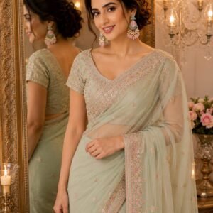 Indian woman in mint green saree wearing pink stone statement earrings with pink beads.