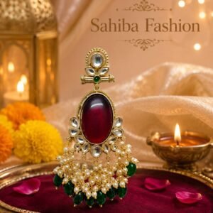 Golden dangler earring with large red oval stone, kundan stones, white pearls and green hanging beads