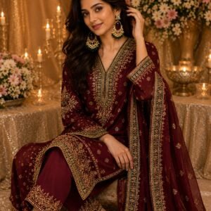 Model in deep maroon traditional salwar suit wearing Sahiba Fashion kundan pearl green bead dangler earrings