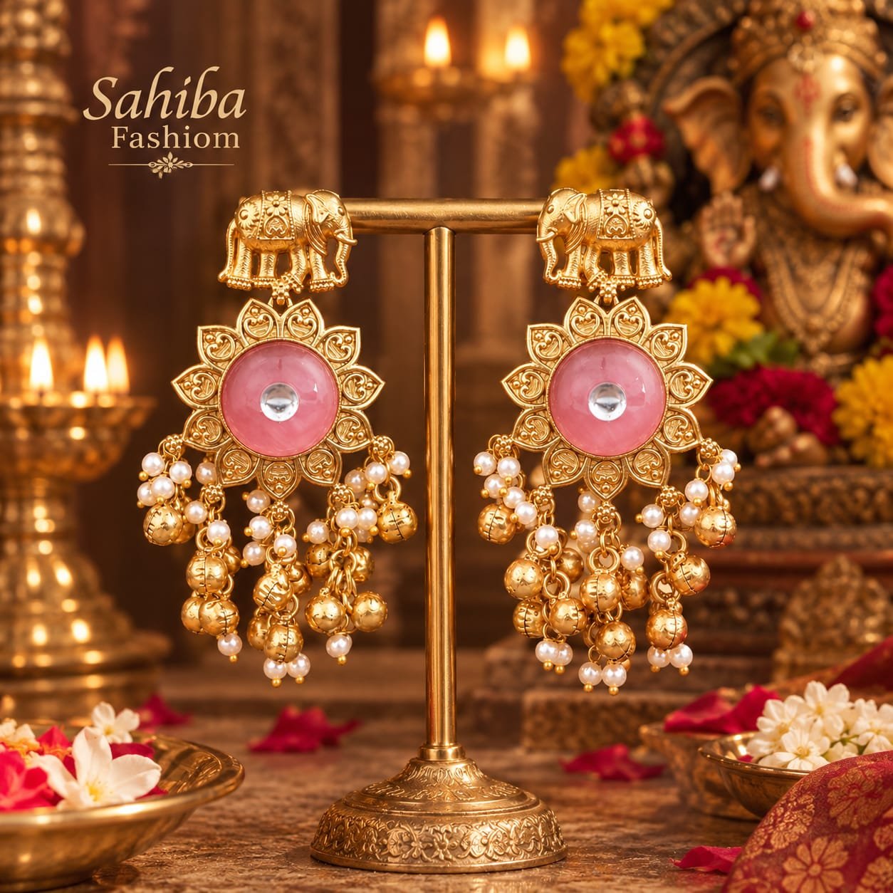 sahiba fashion ganesha special gold elephant earrings with pink stone & pearl drops mockup 1 Sahiba Fashion gold elephant earrings with pink center stone and pearl ghungroo drops on a display stand in a temple setup.