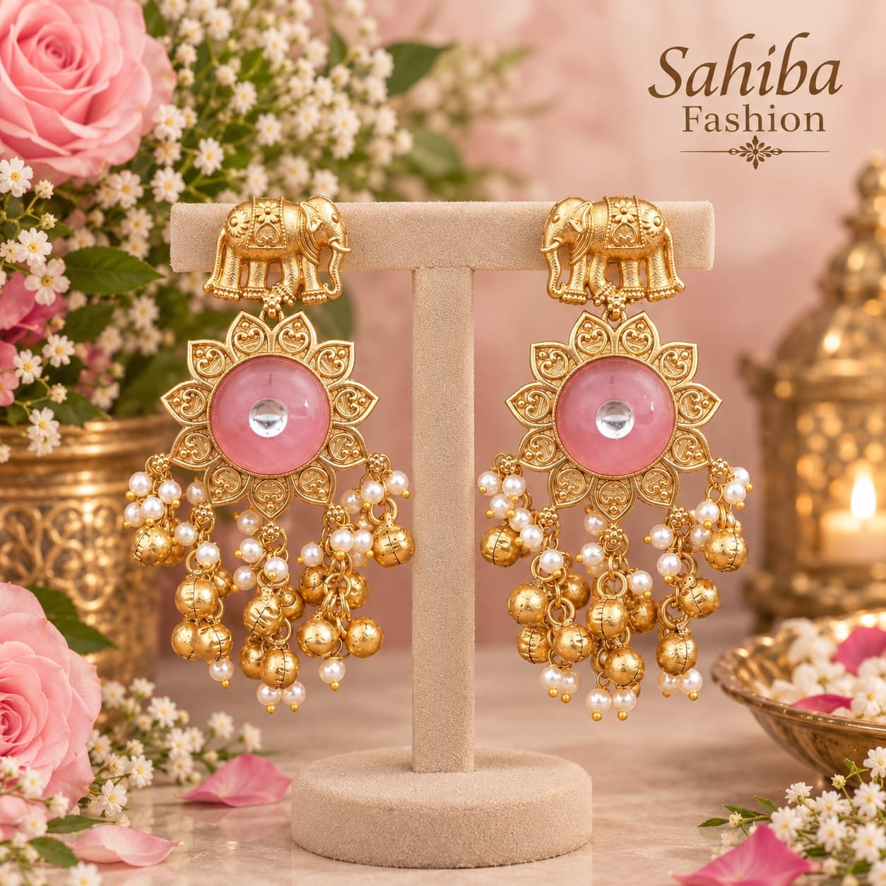 sahiba fashion ganesha special gold elephant earrings with pink stone & pearl drops mockup 2 Sahiba Fashion gold elephant motif earrings with pink stone and pearl ghungroo clusters on a beige velvet stand.