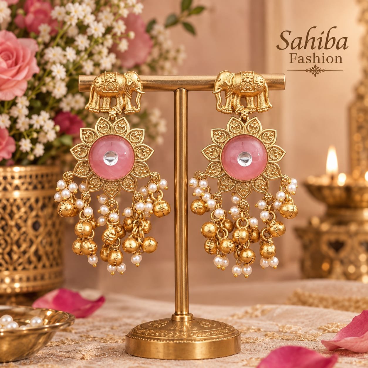 sahiba fashion ganesha special gold elephant earrings with pink stone & pearl drops mockup 3 Gold elephant motif drop earrings with pink centerpiece and pearl cluster drops on a brass stand.