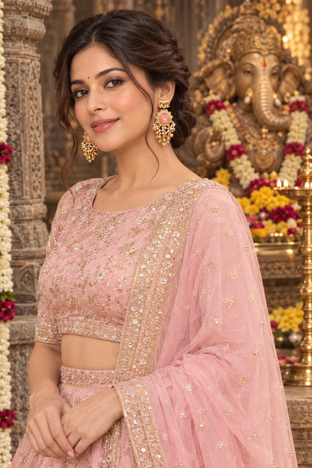 sahiba fashion ganesha special gold elephant earrings with pink stone & pearl drops model 1 Sahiba Fashion gold elephant drop earrings with a light pink embroidered lehenga.