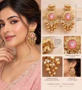 Ganesh Chaturthi Style Guide: Best Earrings, Auspicious Colors & Sacred Traditions Product feature infographic for Sahiba Fashion gold elephant earrings showing dimensions and close-up details.