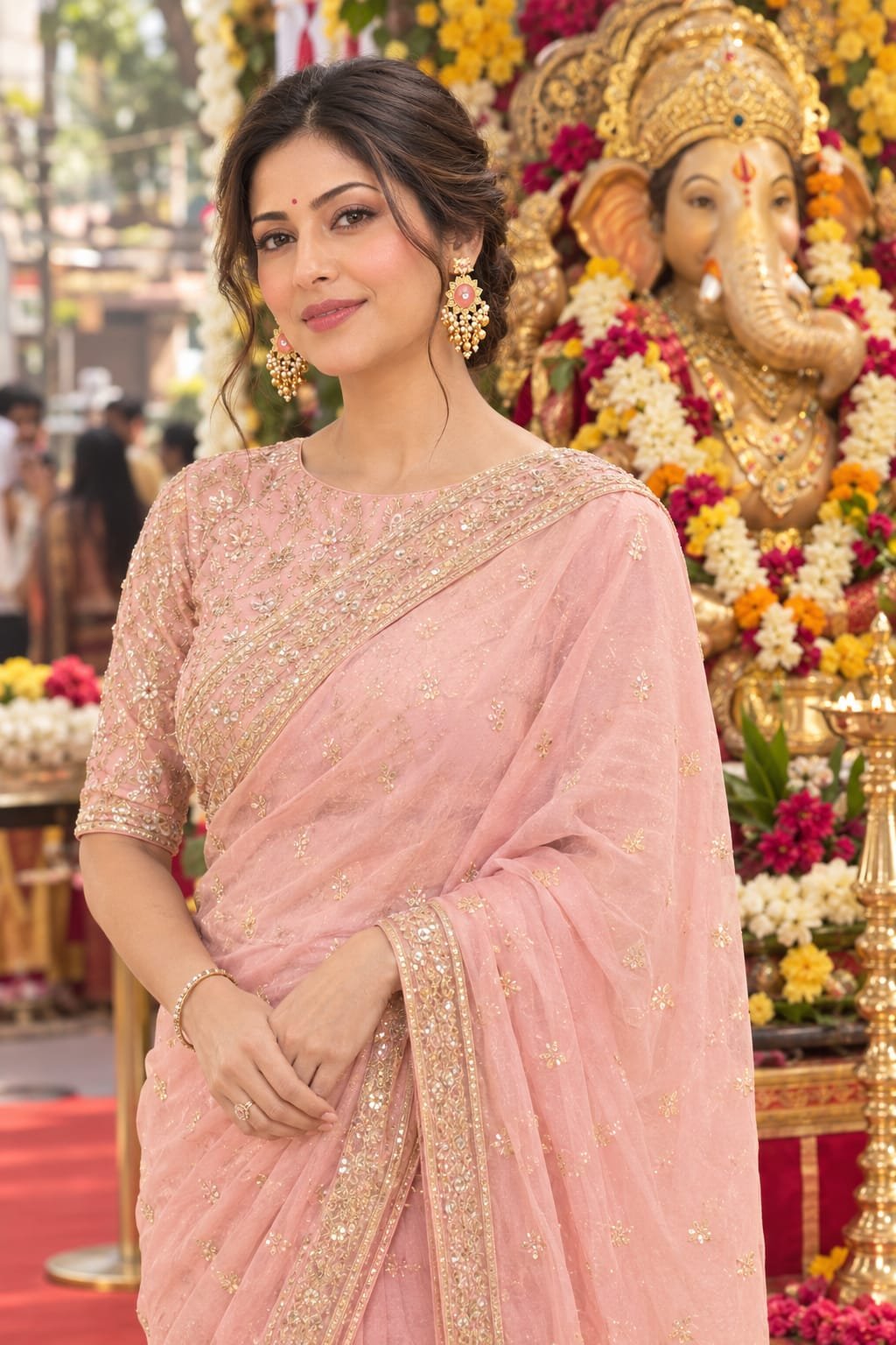 sahiba fashion ganesha special gold elephant earrings with pink stone & pearl drops model 4 Woman styled in Sahiba Fashion gold elephant statement earrings with a sheer pink embroidered saree.