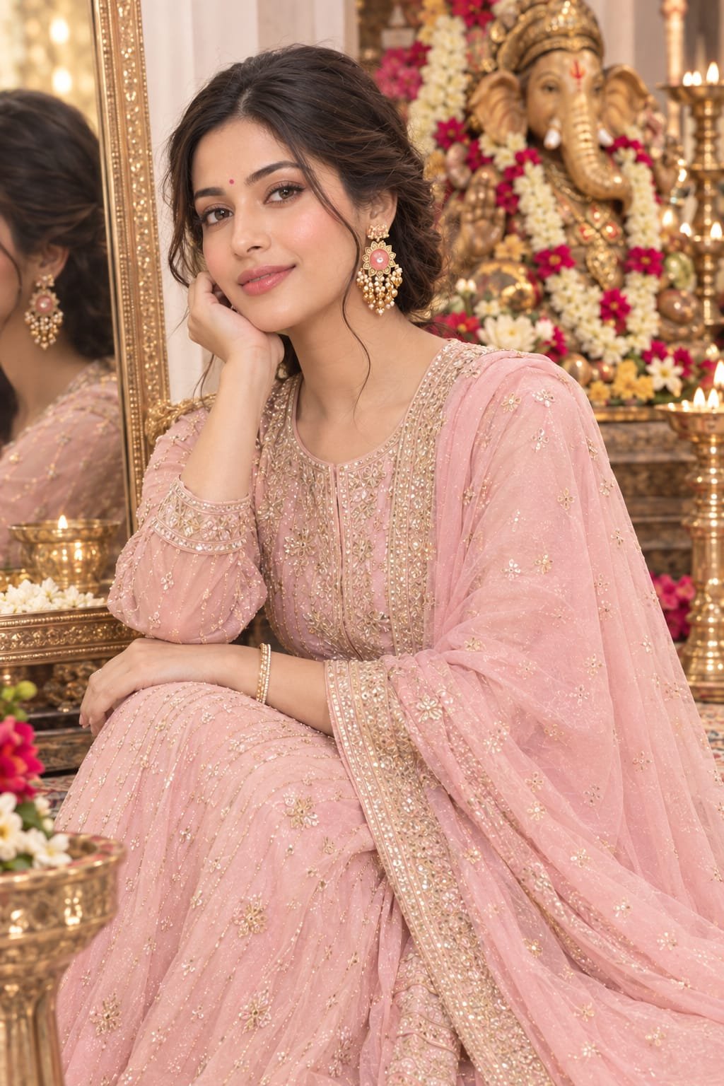 sahiba fashion ganesha special gold elephant earrings with pink stone & pearl drops model 5 Model resting her chin on her hand wearing gold elephant earrings with pink stone and pearl drops.