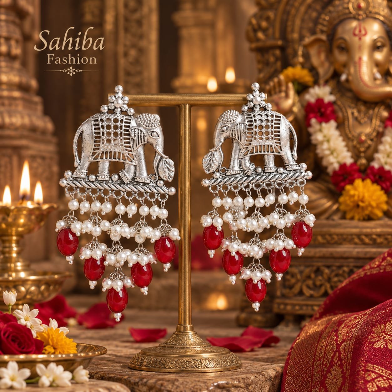 sahiba fashion oxidised silver elephant motif earrings with pearls & red beads mockup 1 Sahiba Fashion silver elephant motif earrings with white pearl and red bead drops on a metal display stand in a temple setting.
