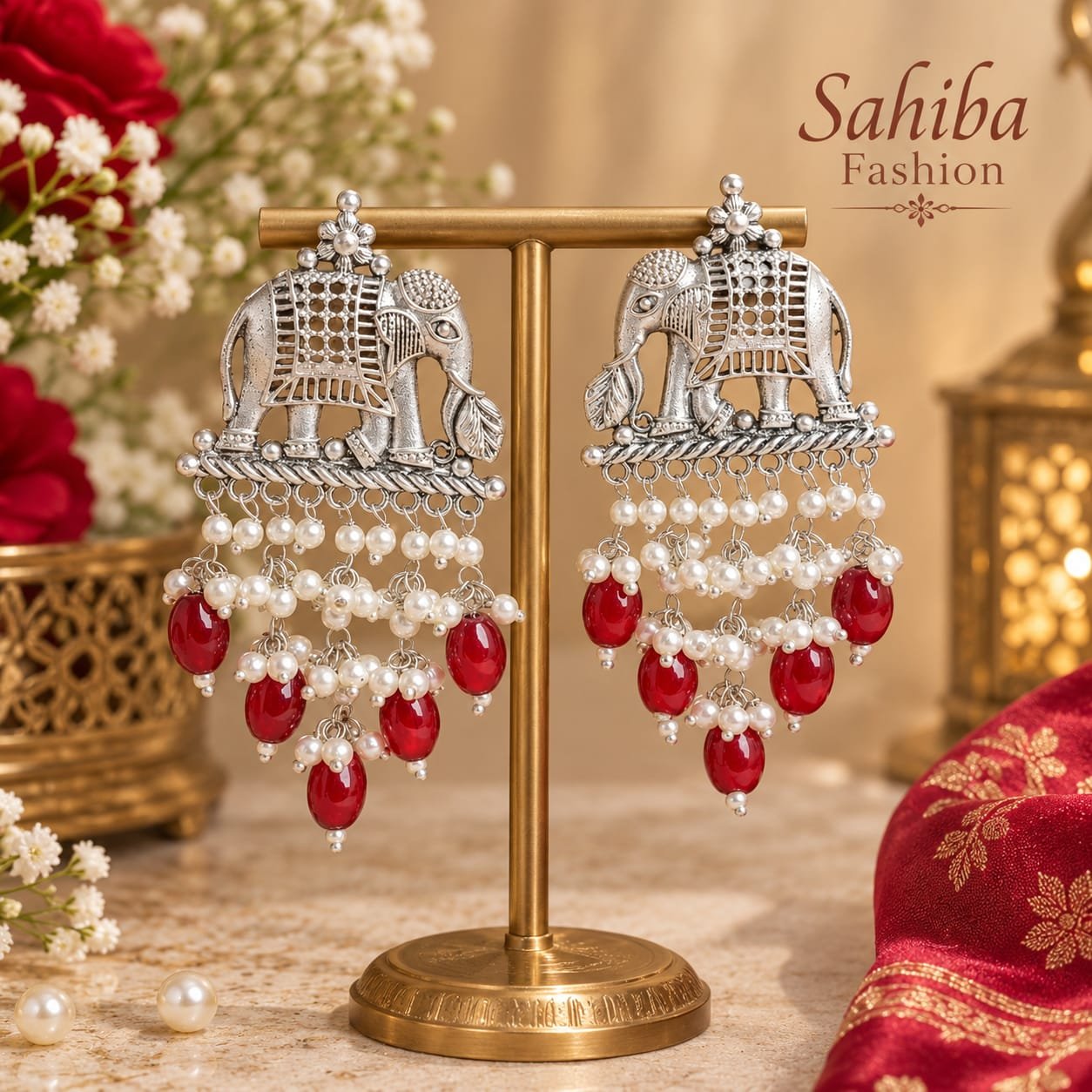 sahiba fashion oxidised silver elephant motif earrings with pearls & red beads mockup 3 Sahiba Fashion silver elephant motif earrings with white pearl and red bead drops on a metal display stand in a festive setting.