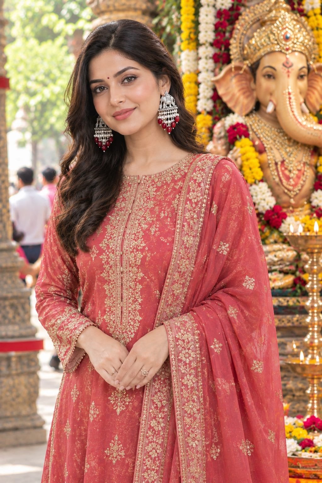 sahiba fashion oxidised silver elephant motif earrings with pearls & red beads model 1 Close-up of model wearing silver elephant motif earrings with a red embellished Kurti.