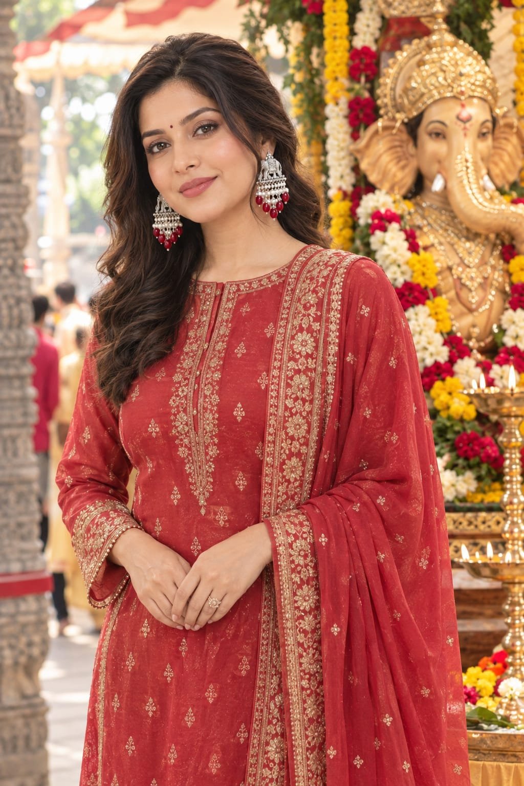 sahiba fashion oxidised silver elephant motif earrings with pearls & red beads model 2 Close-up of model wearing silver elephant motif earrings with a red embellished Kurti.