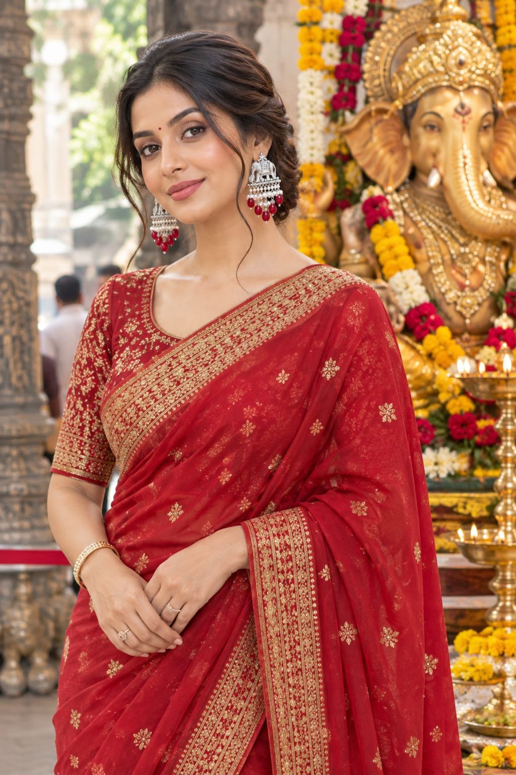 sahiba fashion oxidised silver elephant motif earrings with pearls & red beads model 3 Woman wearing silver elephant earrings with red beads and a traditional red embroidered saree.