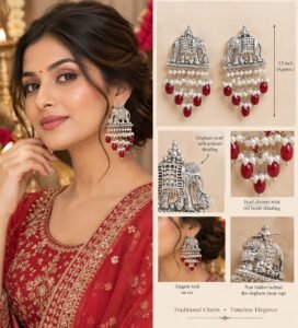 Ganesh Chaturthi Style Guide: Best Earrings, Auspicious Colors & Sacred Traditions Product feature infographic for Sahiba Fashion silver elephant earrings with size dimensions and close-up details.
