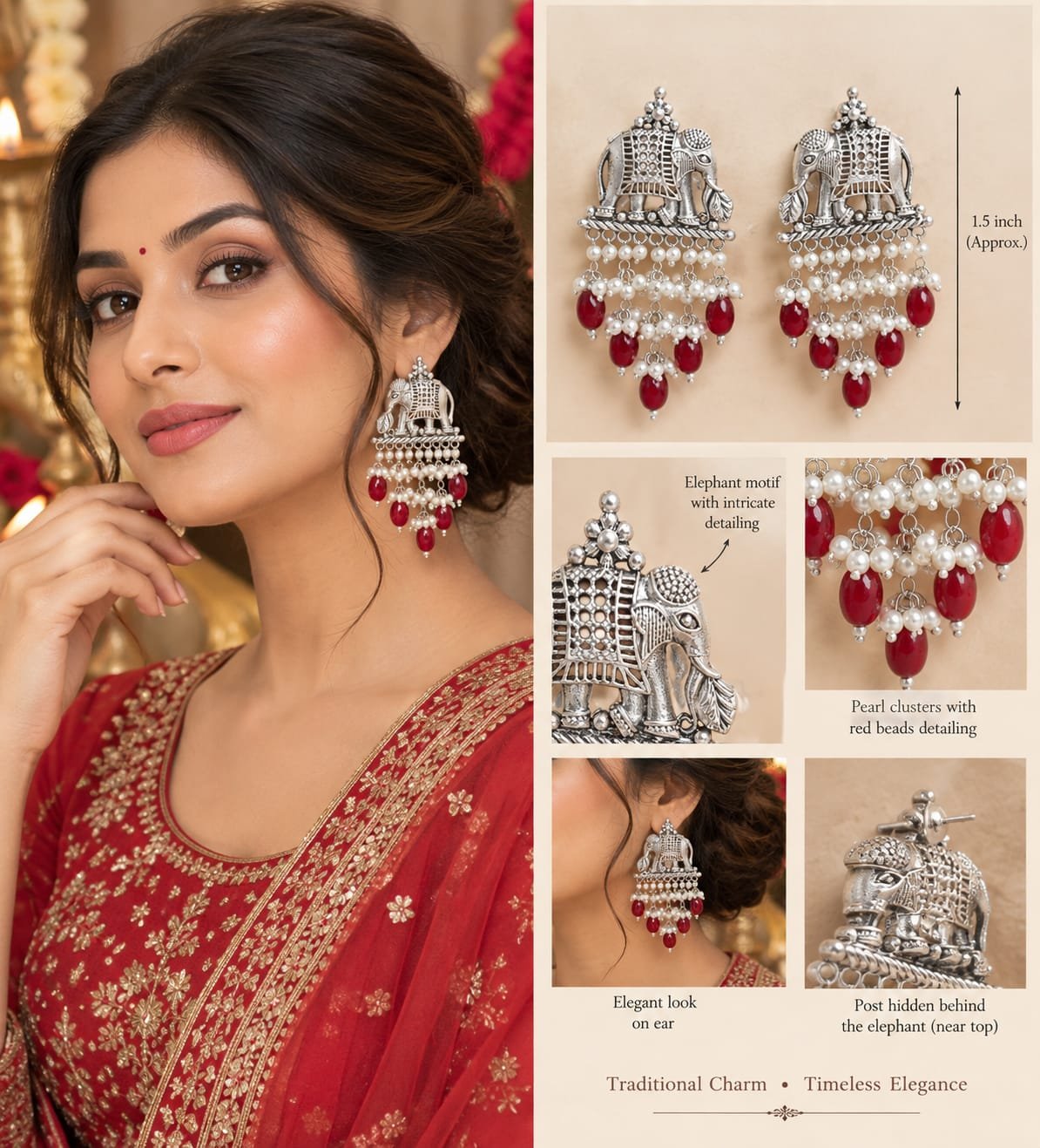 sahiba fashion oxidised silver elephant motif earrings with pearls & red beads model 4 Product feature infographic for Sahiba Fashion silver elephant earrings with size dimensions and close-up details.
