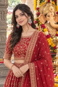 Ganesh Chaturthi Style Guide: Best Earrings, Auspicious Colors & Sacred Traditions Model wearing Sahiba Fashion silver statement earrings with a heavily embroidered red lehenga.