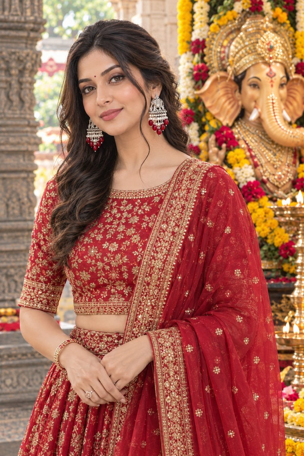 sahiba fashion oxidised silver elephant motif earrings with pearls & red beads model 5 Model wearing Sahiba Fashion silver statement earrings with a heavily embroidered red lehenga.