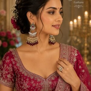 Close-up of a model wearing multi-tier silver lotus earrings with emerald red bead clusters and stone stud work.