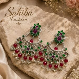 Silver chandelier earrings with green stones, red beads and white pearl drops