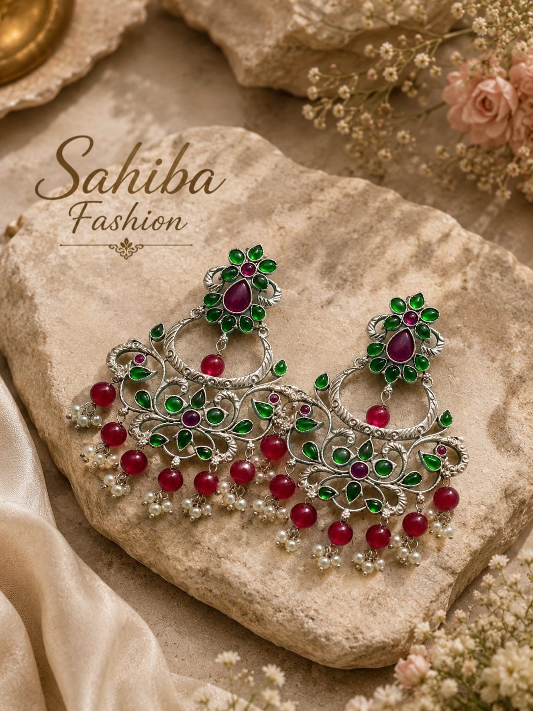 silver chandelier earrings with green stones, red beads and white pearl drops mockup 1 Silver chandelier earrings with green stones, red beads and white pearl drops