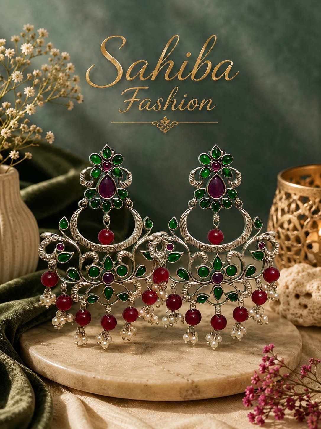 silver chandelier earrings with green stones, red beads and white pearl drops mockup 2 Sahiba Fashion silver chandelier earrings with green stone embellishments and hanging red bead drops