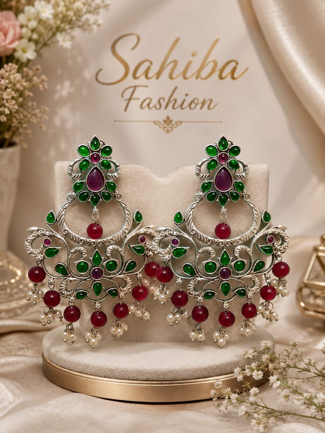 silver chandelier earrings with green stones, red beads and white pearl drops mockup 3 Sahiba Fashion silver chandelier earrings with green stone embellishments and hanging red bead drops