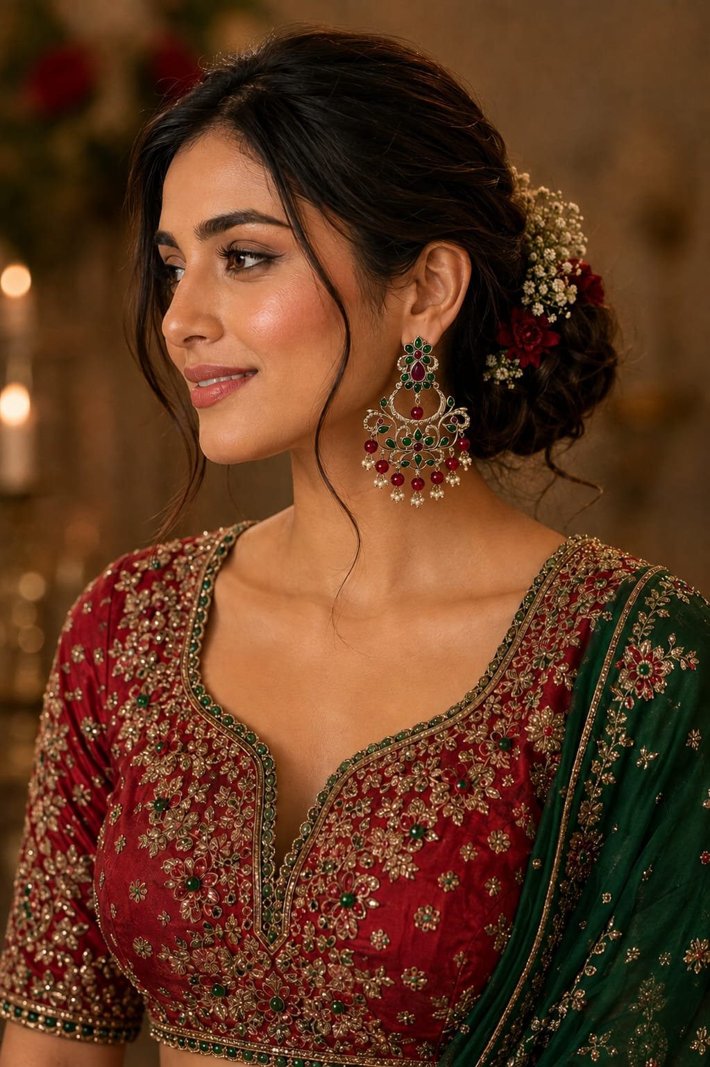 silver chandelier earrings with green stones, red beads and white pearl drops model 1 Model styled in Sahiba Fashion silver green stone chandelier earrings with traditional red and green attire.