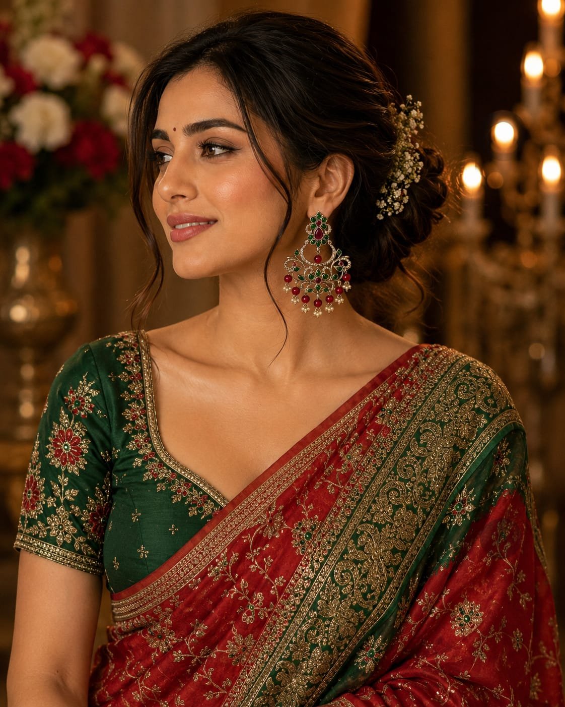 silver chandelier earrings with green stones, red beads and white pearl drops model 2 Model styled in Sahiba Fashion silver green stone chandelier earrings with traditional red and green saree