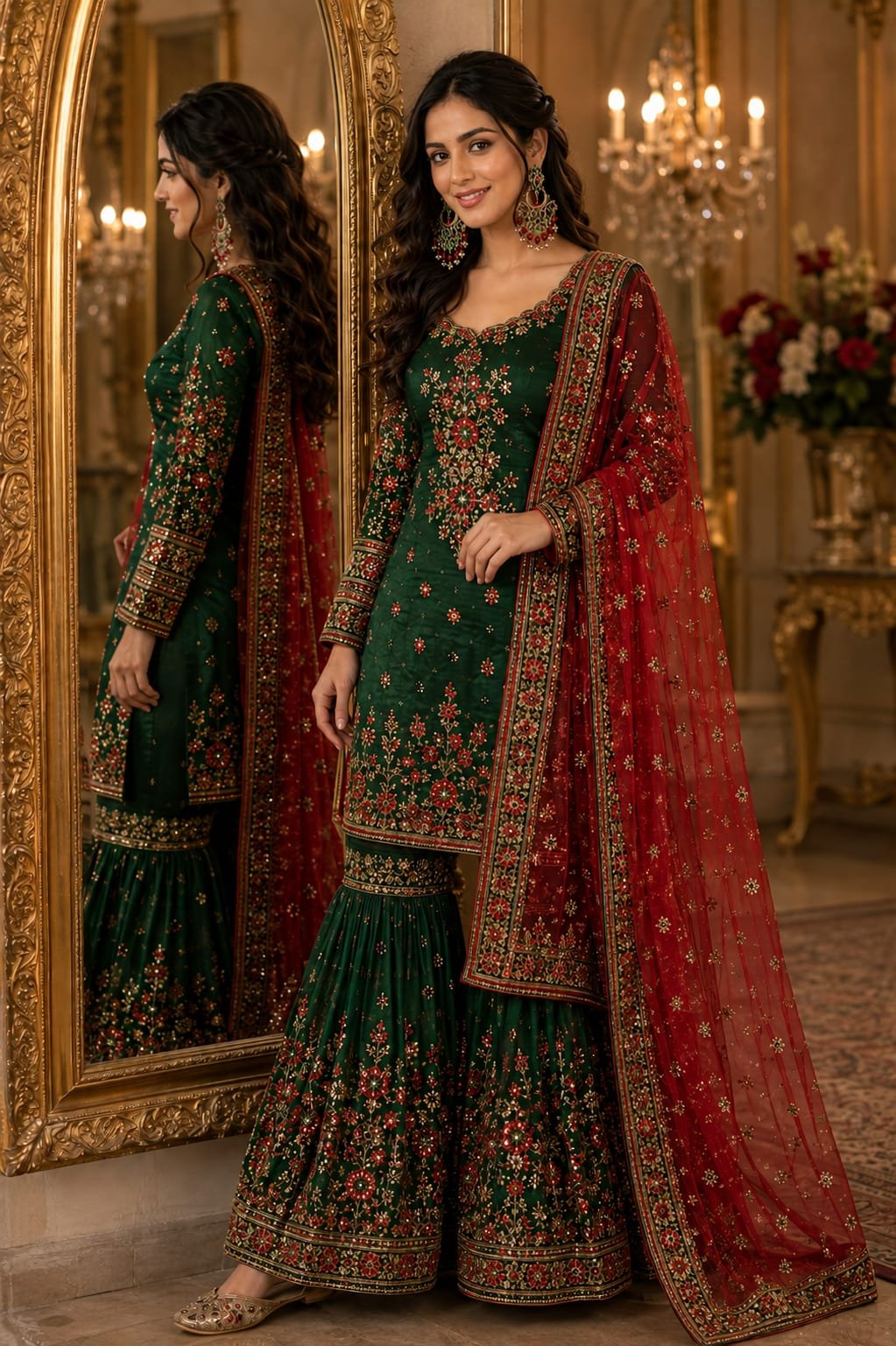 silver chandelier earrings with green stones, red beads and white pearl drops model 3 Model styled in Sahiba Fashion silver green stone chandelier earrings with traditional red and green suit