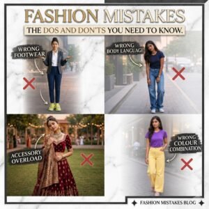 Fashion mistakes infographic showing wrong footwear, wrong body language, accessory overload, and wrong colour combination