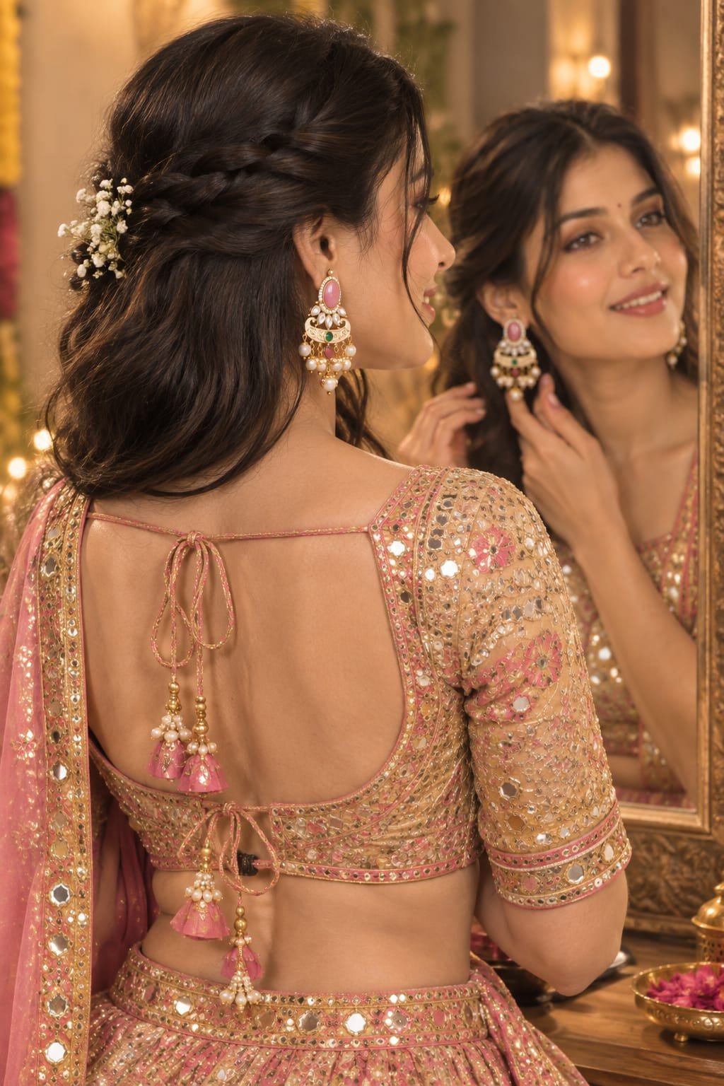 sahiba fashion pink kundan pearl traditional chandbali earrings garba look.jpg Woman wearing Sahiba Fashion pink stone and pearl drop traditional chandbali earrings with festive lehenga choli