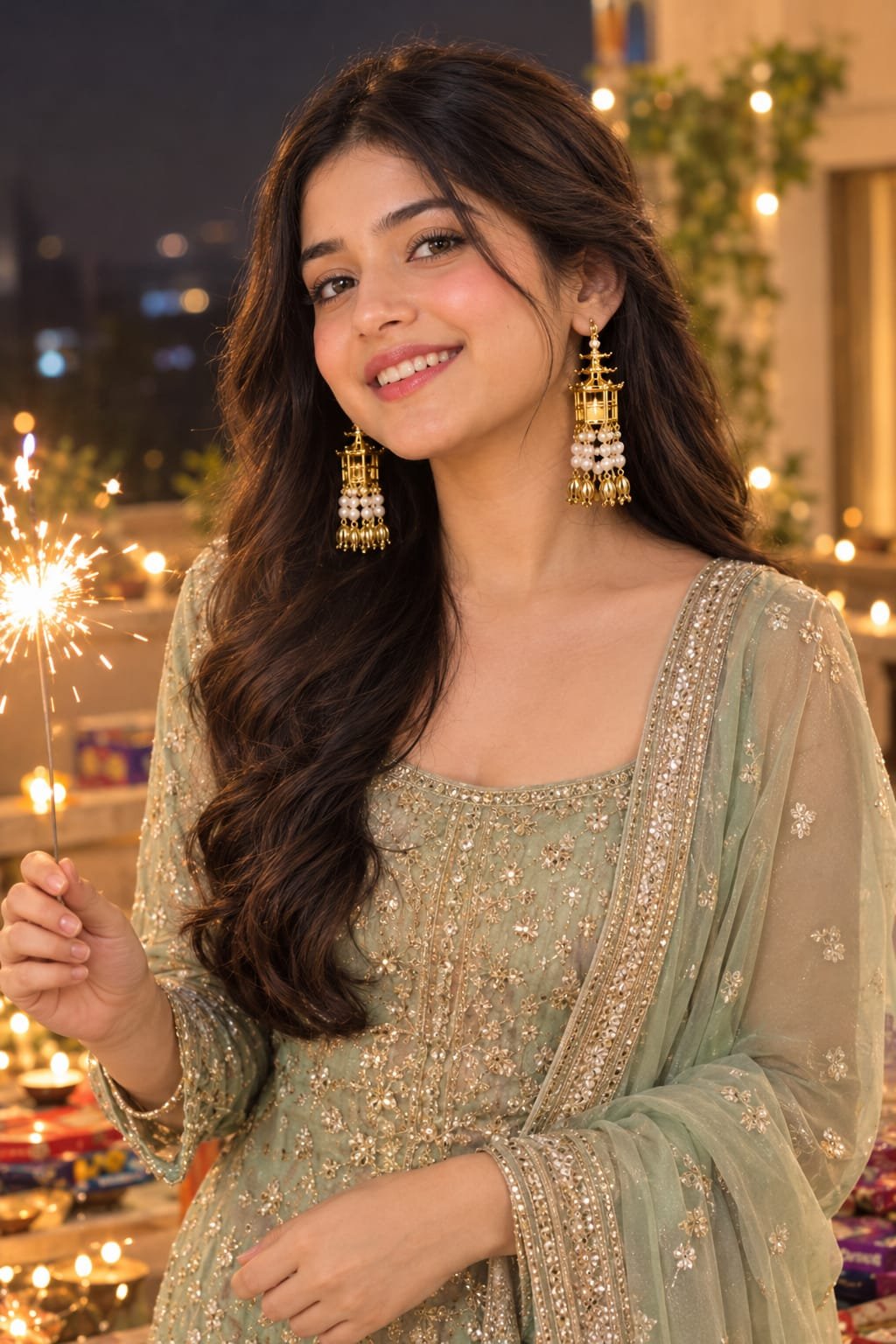 glowing lantern drop earrings sage green anarkali diwali.jpg Festive look featuring glowing led earrings with a pastel sage green embroidered ethnic suit holding a sparkler.