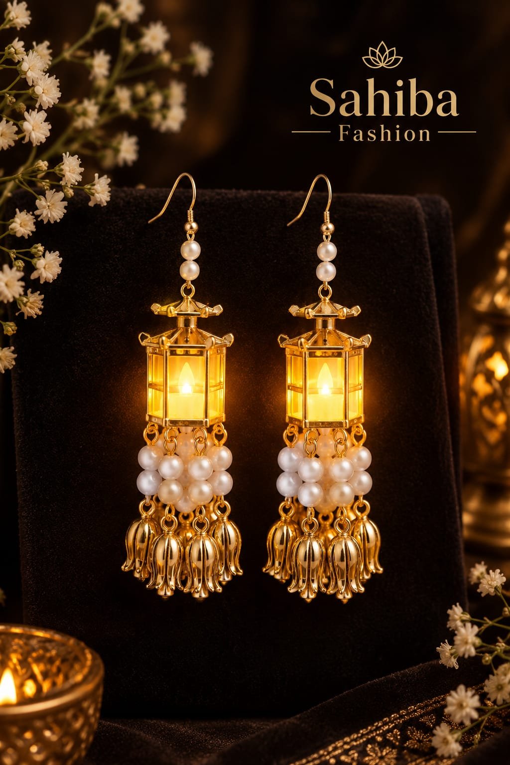 led glowing lantern earrings black velvet sahiba fashion.jpg Sahiba Fashion viral LED glowing lantern earrings displayed on a dark velvet stand with white floral accents and traditional brass decor.