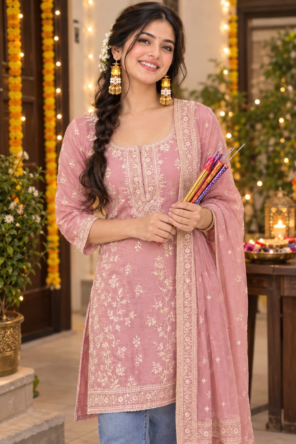 led lantern earrings pink kurta sparklers diwali look.jpg Young woman wearing glowing gold LED lantern earrings with an embroidered dusty-pink kurta holding festive sparklers.