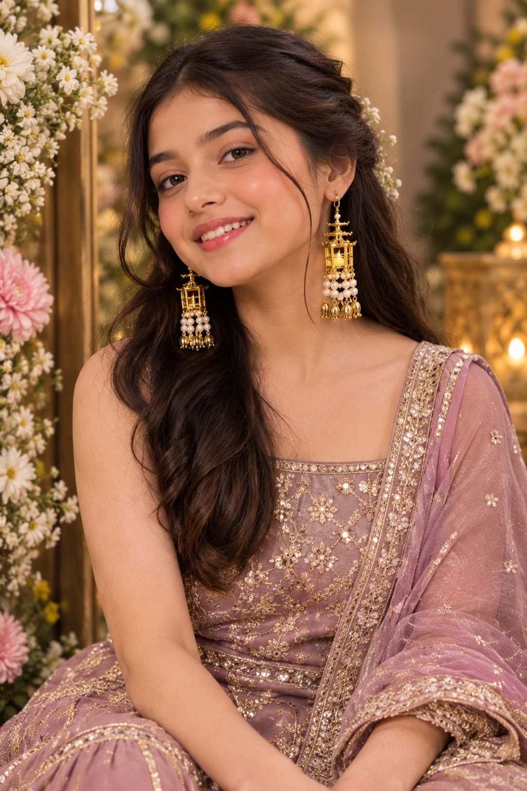led lantern jhumka earrings lavender lehenga sahiba fashion.jpg Woman wearing Sahiba Fashion LED light earrings styled with a heavily embellished lavender lehenga choli.