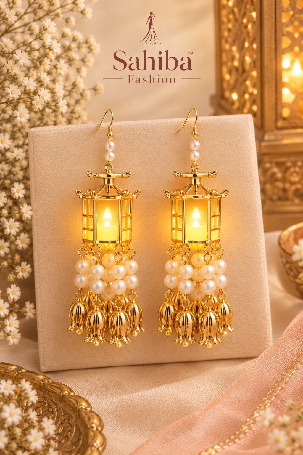 trending led lantern earrings gold sahiba fashion 2026.jpg Sahiba Fashion gold LED light lantern jhumka earrings with pearls displayed on an angled beige suede board beside an ornate brass tray.