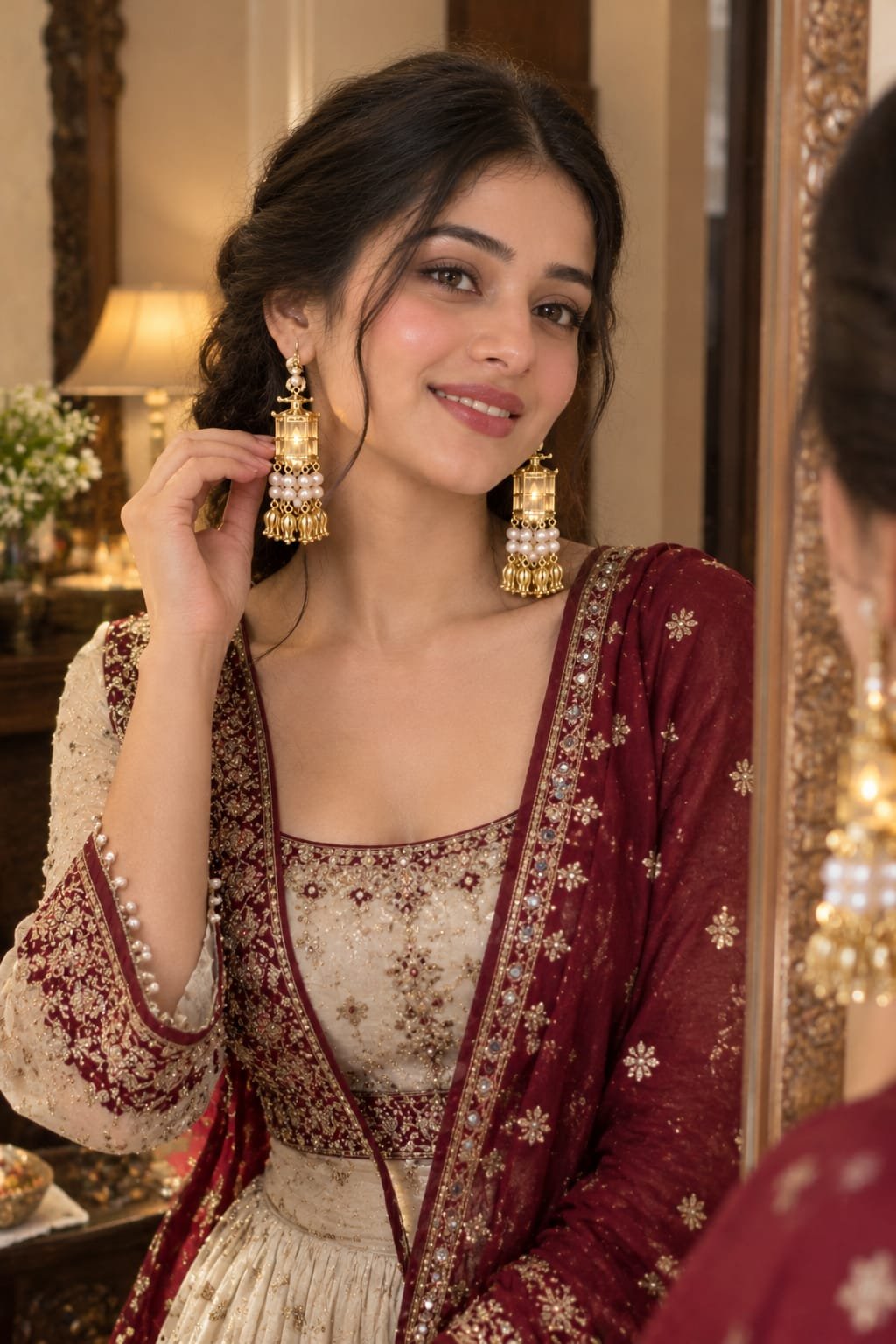 viral led earrings mirror shot maroon anarkali dress.jpg Indian woman adjusting glowing gold LED light earrings in a decorative vanity mirror wearing a deep maroon embroidered dress.