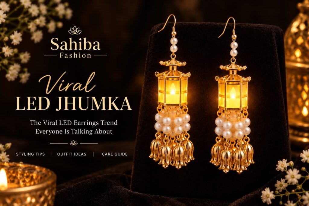 Viral LED Jhumka: Trending LED Earrings & Styling Tips Gold Viral LED Jhumka earrings with glowing lantern designs and pearl detailing by Sahiba Fashion. Copy alt text
