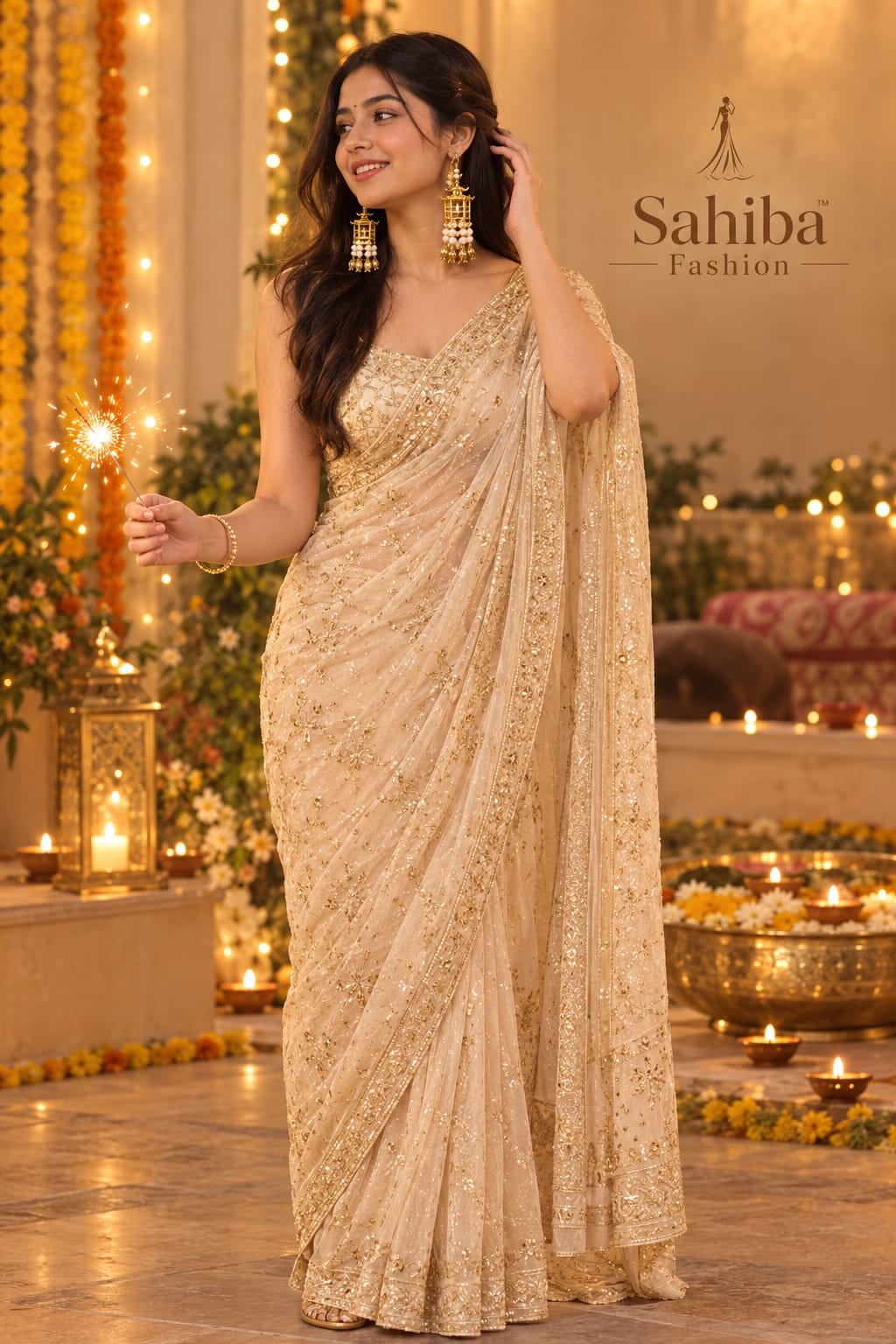 viral led lantern earrings gold sequin saree wedding.jpg Woman in a shimmering golden sequin saree wearing glowing LED light jhumka earrings and holding a lit sparkler.